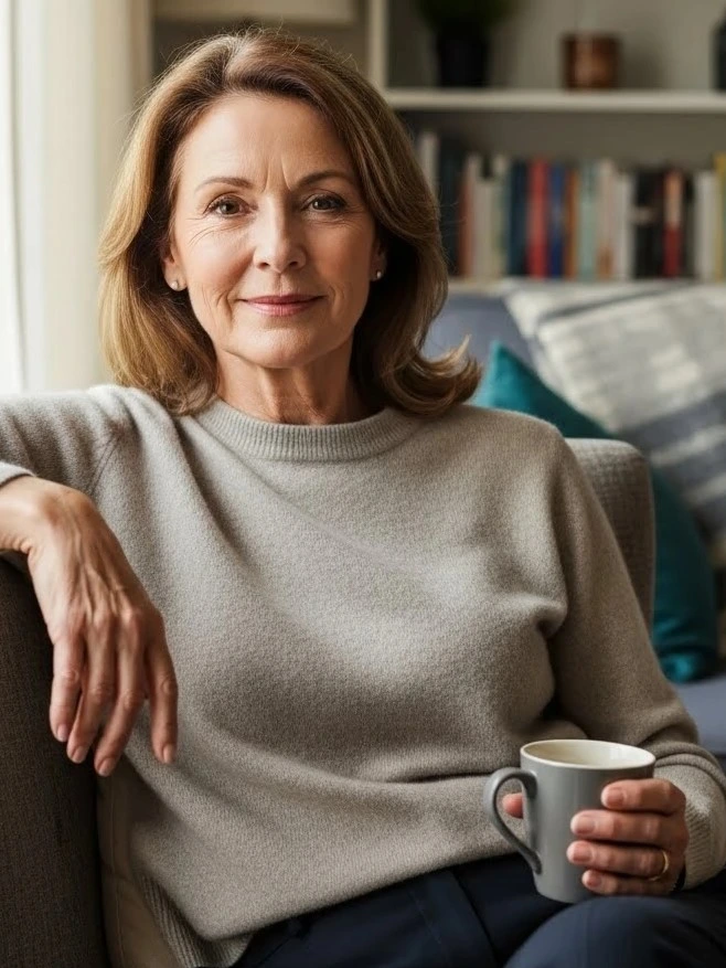 Mogen kvinna sitter i ett vardagsrum med en kaffekopp.