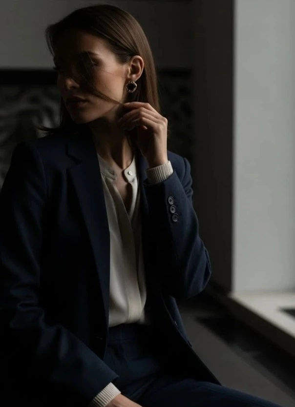 Kvinna i mörk kostym sitter inomhus i en lågmäld och stilren miljö.